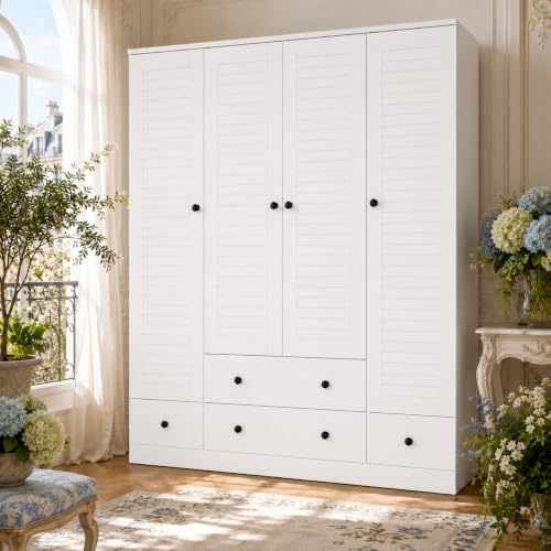 Großer Kleiderschrank Garderobenschrank mit 4 Türen,3 Schubladen, Hängestangen und Einlegeböden, Schlafzimmerschrank mit schwarzen Griffen für das Schlafzimmer, 150cm B x 50 cm T x180 cm H,weiß, MDF