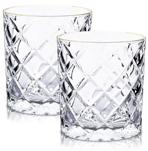 Raisaplin Whiskey Glasses Set of 2 with Gold Rim, 350ml/ 12oz Crystal Old Fashioned Rocks Barware Scotch Bourbon Whiskey Tumblers Snifter for Cognac Vodka Cocktail Drinks Rum Liquor Bar Gifts