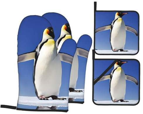 4 Stück Ofenhandschuh Und Topflappen Set Süßer Pinguin Ofen Mitt Weichem Ofenhandschuhe Lustig Topfhandschuhe Für BBQ, Die Küche, Zum Grillen