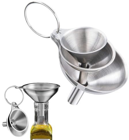 EHIOG Set di 3 imbuti in acciaio inox, mini imbuto da cucina, adatto per il trasferimento di liquidi, oli da cucina, marmellata e polvere