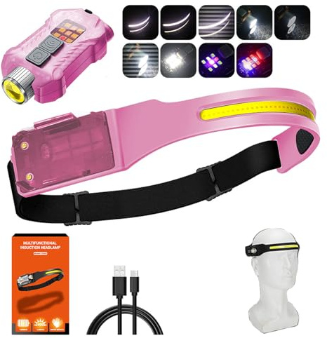 KHEALING Linterna frontal recargable, 400 lúmenes, 1200 mAh, haz ancho de 230°, foco ajustable, alcance de 100 m, impermeable IP65, 9 modos, sensor de movimiento, ligero (rosa)