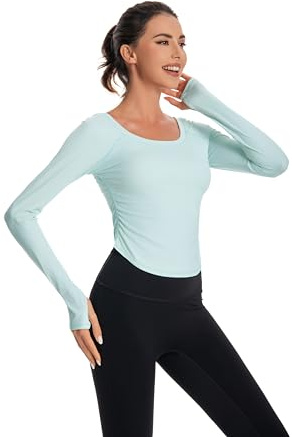 Nutria T-Shirt Femme Gym Top Haut de Sport Chemise de Sport Yoga Crop Top Manches Longues Col Rond Léger Fitness avec Trou de Pouce Respirant Chemise d'entraînement D07, Vert Jade, M