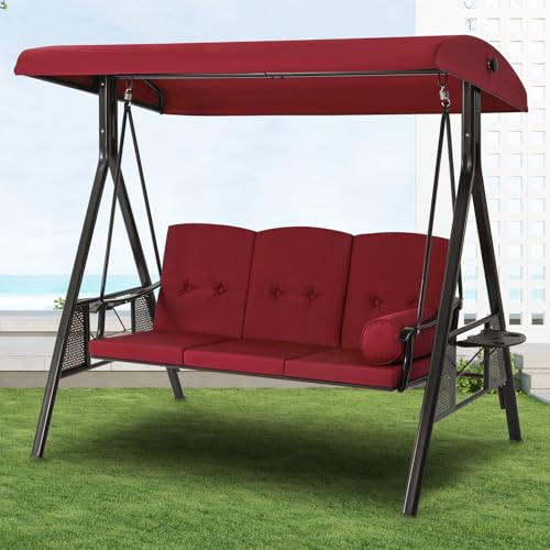 UNIONLINE 3 Seater Garden Swing Chair, Outdoor Swing Chairs Thick Padded Seat with Adjustable Tilting Canopy,Hammock Chair Bench Side Tables Cup Trays For Garden/Balcony/Terrace/Patio(Red)