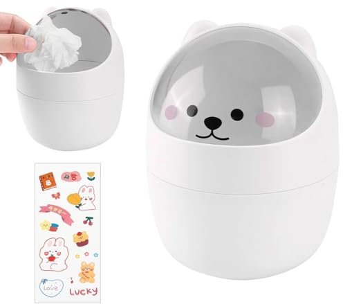 Wisebom Cestino da Tavolo con Coperchio Mini Pattumiera da Ufficio Cestino da Scrivania con Simpatici Adesivi per Casa Salotto Cucina Bagno