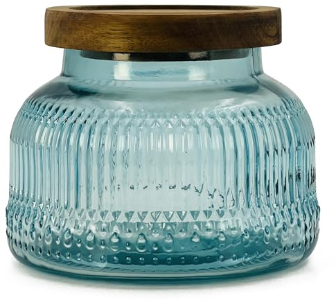 Tarro decorativo de vidrio azul con tapa de madera hermética, 25,4 onzas, recipiente de almacenamiento de alimentos de cocina vintage de boca ancha para galletas, caramelos, miel, harina, especias