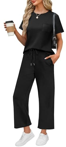 WIHOLL 2 Piece outfits Women fashion lounge wear sets for women uk Casual Summer Travel Vacation Outfits Short Sleeve Wide Pants Black M
