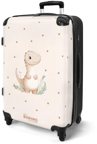 NoBoringSuitcases© Koffer Kinder Groß Reisekoffer Kinderkoffer 4 Rollen | 67x43x25 cm - Leicht Koffer Trolley Mittelgroß Hartschalenkoffer Kind Dino - Beige - Dinosaurier