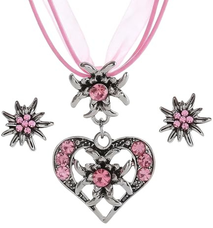 TJUSPIRIT 3er Trachtenschmuck Set Dirndlschmuck Edelweiß Schmuck-Set | Trachtenkette & Ohrstecker Dirndl Schmuck für Oktoberfest Trachtenfest Dirndl Outfit