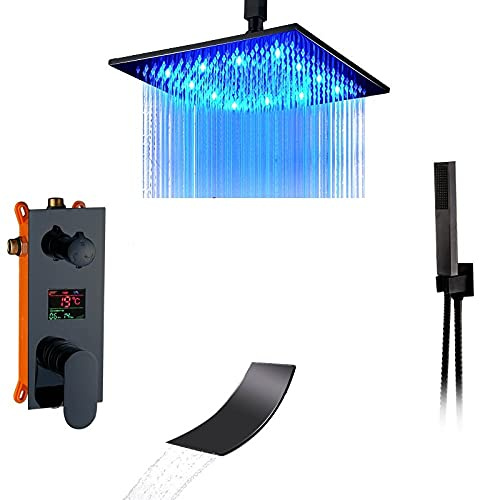 Black Digital Shower Faucet Set with LED Rainfall Shower Head and Digital Temperature Display - 8 Inch Full Conceal Shower System