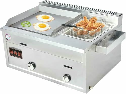 Gewerbliche Fritteuse Fettkorb Gas mit Arbeitsplattengrill, antihaftbeschichteter Teppanyaki-Grill S Pommes Frites mit Ölleckbox, verstellbar~/