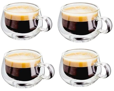 Home & Treat Double Walled Glass Coffee Mug – Set of 4 Borosilicate Heat Resistant Latte Cappuccino Cup – 225 ml Clear Coffee Mugs Glass Tea Dessert Cups Dishwasher Safe