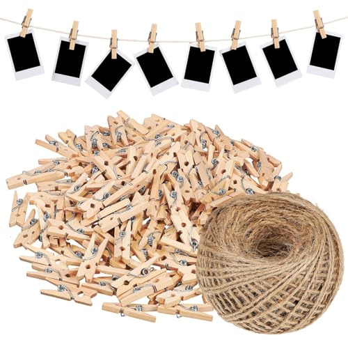 MUCKLILY Cuerda De Yute Natural 100 m De 1,5 Mm Con 150 Pinzas De Madera 2,5x0,3 Cm Resistente Cuerda De Cáñamo Para Manualidades Bricolaje Jardines Decoraciones y Envoltorios