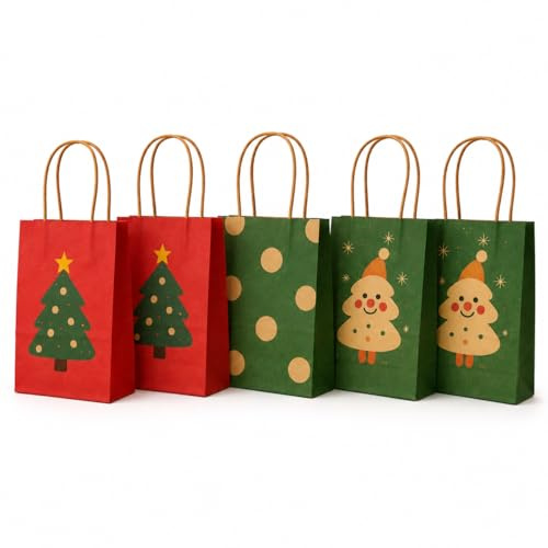 Geschenktüten Weihnachten 5er Set mit Henkel | 3 Designs, stabil, besonders dickes Kraftpapier