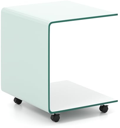 GIANTEX Beistelltisch Weiß aus gehärtetem Glas, Couchtisch mit Rollen, Glastisch Wohnzimmer Modern, Nachttisch Wohnzimmertisch C-Form, Sofatisch Kaffeetisch für Wohnzimmer, 39,5 x 45 x 48 cm