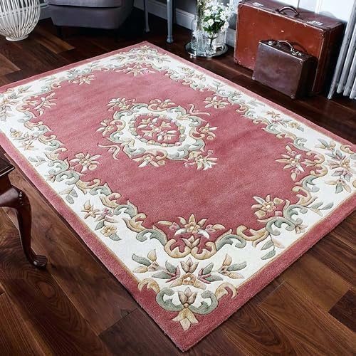 Rugs Living Room Premium Aubusson High Pile Wool Area Large Rug,Rugs for Bedroom with Cotton Backing, Handmade Non Slip Carpet,Luxury Bedroom Rug for Indoor Home Decor 152 X 243CM(Pink,5 X 8 feet)
