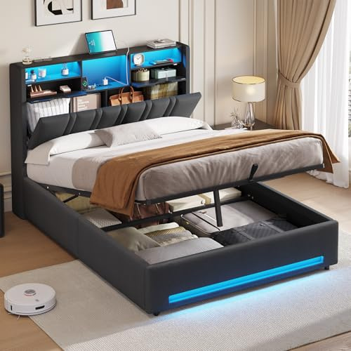 DICTAC Bett 140x200 Grau mit LED und USB-C – Polsterbett 140x200 mit Bettkasten, Hydraulik, Stauraum 30cm, inkl. Lattenrost, gepolstertes Kopfteil mit Ladestation, Doppelbett für Erwachsene
