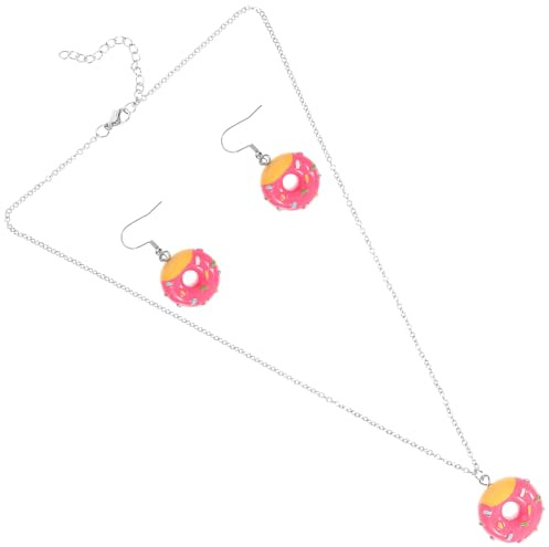 LALADEFIEE Juego de Pendientes y Collar de Dona de Acero Inoxidable en Rosa Fucsia, Pendientes Colgantes Estéticos de Comida Dibujos Animados para Mujer, Conjunto Ligero y Duradero Adecuado