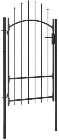 Garden Gate Steel 1x2.2m Black, Powder-Coated Metal Fence Gate with Lock and Posts, Arched Top Design for Driveway and Garden Security