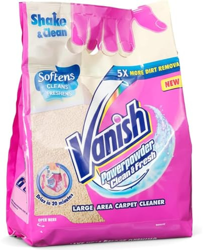 Vanish Shake and Clean Carpet Powder 650g Vanilla Scented Large Area Carpet Cleaner Quick Drying Formula Dries in 20 Minutes Removes Dirt Freshens Carpets and Softens Fibres