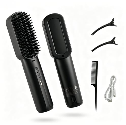 Cordless Hair Straightener Brush for Short/Long Hair with Ionic, 3200mAh Rechargeable Portable Hair Straightening Comb, 3 Temperature Settings, Anti- Frizz and Anti-Scald Travel Hair Styler (Black)