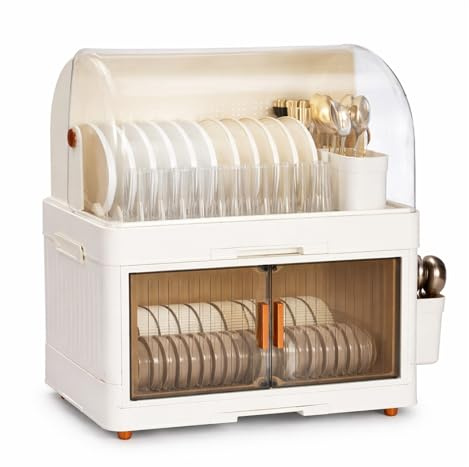 GreenWhim Kitchen Storage Boxes with Lid, Countertop Dish Drainer Drying Rack Cabinet, Storage Organizer with Plate Slots, Cup Storage, Cutlery Holders and Doors for Plates, Bowls, Cups and Utensils