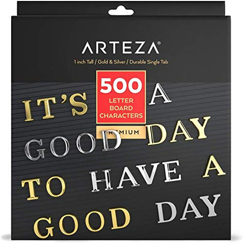 ARTEZA Letterboard Buchstaben Set mit 500 Gold- und Silber Stecktafel Buchstaben, 2.54cm Rillenbuchstaben für Schilder, Message Boards in Cafés, Büros, Schulen, Restaurants oder zu Hause