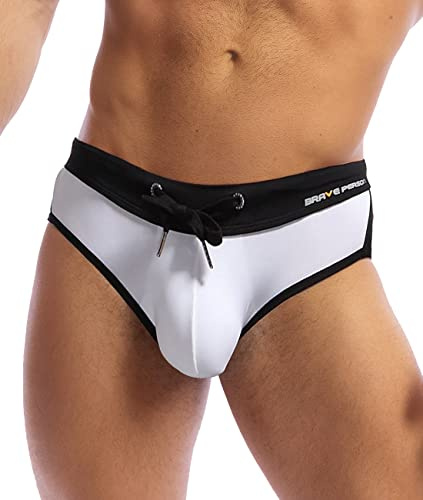 MIZOK Mens Bikini Swimsuit Swim Briefs Sexy Low Rise Swimwear with Adjustable Drawstring (White, M