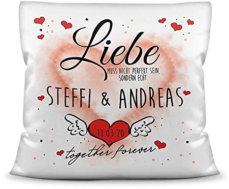 Print Royal Kissen inkl. Füllung mit Spruch - Unsere Liebe ist echt - zum Beschriften mit Vornamen der Partner und Wunschdatum, Kissen Polyester - Weiß, 40 x 40 cm