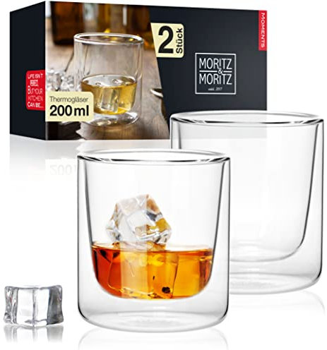 Moritz & Moritz 2 x 200 ml Whisky Gläser Set Doppelwandig - Hochwertige Gläser im eleganten Design - Spülmaschinengeeignet ideal als Whiskeygläser, Cocktailgläser, Rumgläser, Cognacgläser