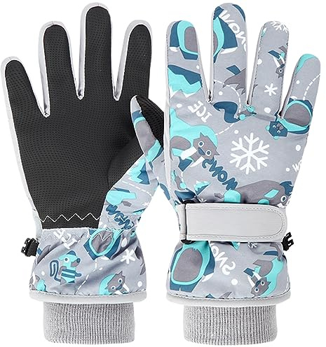 Azarxis Kids Ski Gloves Toddler Winter Cold Weather Warm Snow Mittens Windproof for Boys Girls Snowboarding Sledding Cycling (Grey, 7-9 Years Old)
