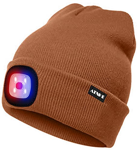 ATNKE LED Beleuchtete Mütze,Wiederaufladbare USB 4 LED Rot und Blau Leuchten Blinkender Laufmütze mit Licht Extrem Heller Lampe Winter Warme für Herren und Damen Geschenke