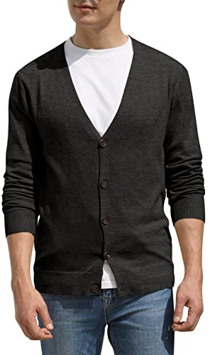 Hisir Men's Knit Cardigans Jumpers Lightweight Classic Soft Wool V Neck Cardigan with Buttons, Long Sleeve Knitwear Pullover Sweaters for Men, Mens Gift (Dark Grey, L)