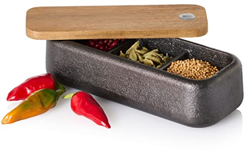 AdHoc Gewürzbox POTTA mit 3 Fächern H. 4,5cm 17x7,2cm Gusseisen + Akazienholz