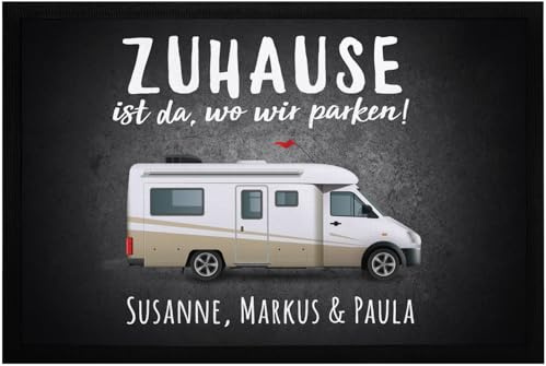 SpecialMe® Fußmatte mit Namen Familie Zuhause ist da wo wir parken personalisiert Geschenk für Wohnmobilbesitzer Schwarz 60x40cm