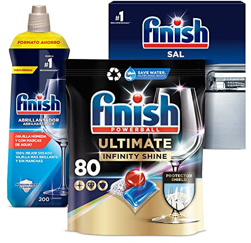 Finish Powerball Ultimate Infinity Shine, Pastillas para el Lavavajillas, 80 Pastillas + Abrillantador 200 Lavados + Sal 2kg