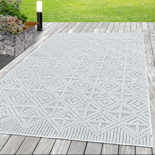 HomebyHome In & Outdoor Wetterfest 140x200 cm Grau, Zickzack Design 3D Effekt - Balkon Teppich Wasserfest, Kurzflor, Flachgewebt - Ideal für Küche, Garten, Camping und Terrasse
