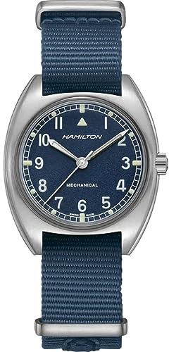 Hamilton Khaki Aviation Pilot Mechanical Men's Watch, 36mm x 33mm Stainless Steel Case, Swiss Made, Blue Dial Analog Wrist Watch for Men, 100m Waterproof, Mineral Crystal, Textile Strap