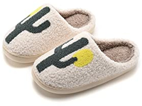 NEVEROLD Fun Cute Trendy Cartoon Illustrated Smile Face and Characters Colorful Comfort Cozy Plush Warm Fluffy Fur Slip On Cushion Slippers for Girls and Women (Cactus, x_l)