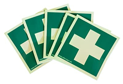 5 Stück – Aufkleber Rettungszeichen „Erste Hilfe“ selbstklebende Qualitätsfolie nach DIN 67510 & ISO 7010 (E003) nachleuchtend | 5 x 5 cm Made in Germany