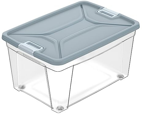 eacommerce Contenitore in Polipropilene Multiuso Storage Box con Coperchio a chisura con clip (43 Litri - 56x39,5x29 cm, Grigio)