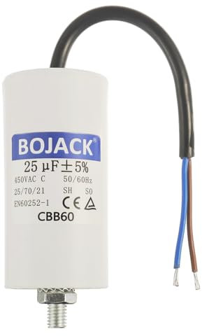 BOJACK 25uF 450V Condensateur Demarrage Moteur 42x83mm Condensateur de Travail pour Moteur avec fil de taille M8 avec écrou Compatible avec la plupart des moteurs.