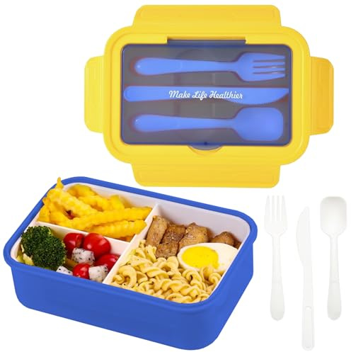 PIWOSGOL Porta Pranzo, 1400ml Lunch Box Prova di Perdite, Bambino Adulto Bento Box con 3 Scomparti e Posate Portapranzo Adatto a Microonde e Lavastoviglie, per Lavoro, Picnic, Ufficio, Scuola(Blu)