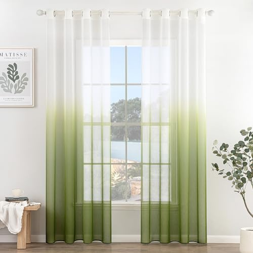 MIULEE Farbverlauf Voile Vorhänge Ösen 2er Olivgrün 140x245cm | Farbverlauf transparente Voile Vorhänge mit Ösen, lichtdurchlässig, modern dekorativ für Wohn- und Schlafzimmer