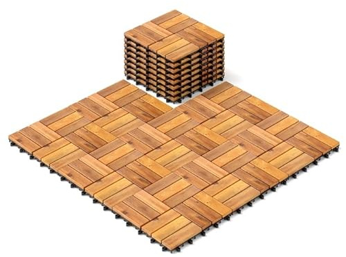 TANGZON Acacia Wood Deck Tiles, 30 x 30 cm Interlocking Patio Flooring with Click System & Drainage Base, Wooden Floor Tiles for Balcony Garden Indoor(27PCS, Parquet Pattern - Warm Brown)