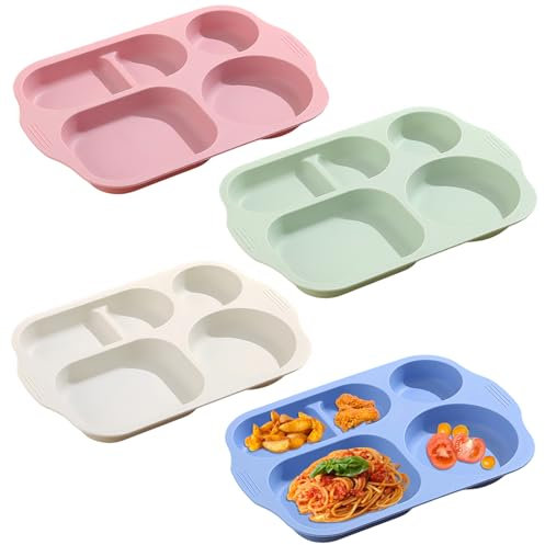 NOZVYCI Set of 4 Divided Serving Dish Dinner Plates with 5 Compartments, Unbreakable Children's Plates, Plastic Plate, Menu Plate, Reusable Dinner Service, Plastic Plates for Adults Children [Light