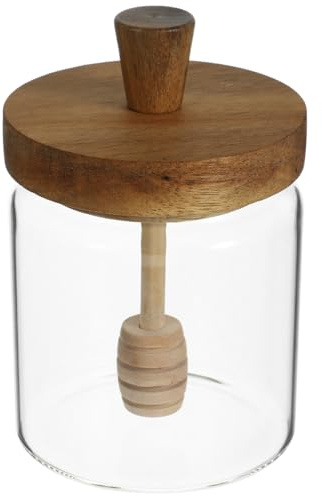 ABOOFAN Honigglas aus transparentem Glas mit Deckel aus Holz und Honigkelle, Vorratsbehälter für Küche, 14 x 8 cm, Aufbewahrung von Sirup, Marmelade