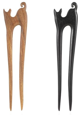 Lot de 2 épingles à cheveux en bois sculptées à la main en forme de U - Fourchettes à cheveux françaises à 2 dents - Design chat mignon - Pour femmes et filles - Accessoires de coiffure