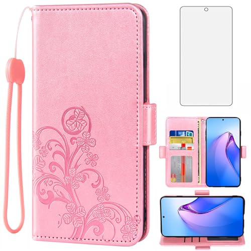 Asuwish Compatible with OPPO Reno 8 Pro 5G/Plus Wallet Case and Tempered Glass Screen Protector Flip Purse Accessories Wrist Strap Credit Card Holder Cell Phone Cover for Reno8Pro Women Men Rose Gold