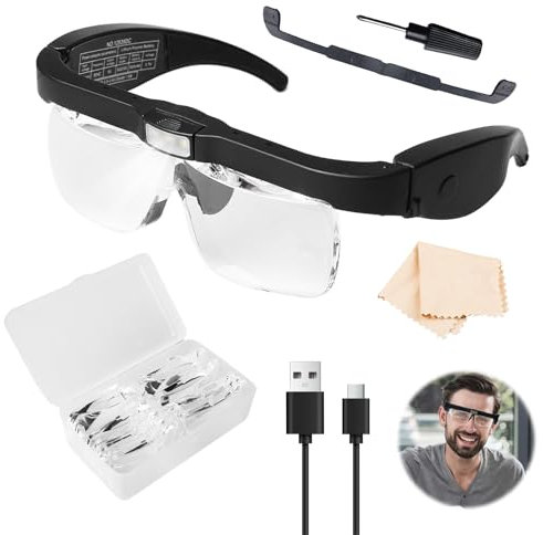 Lupenbrille mit Licht LED Kopfbandlupe USB Wiederaufladbare Beleuchtete Lupe, Kopflupe Stirnlupe Brillenlupe mit 3 LED Licht, 5 Linsen 150D 250D 2.0X 3.0X 4.0X