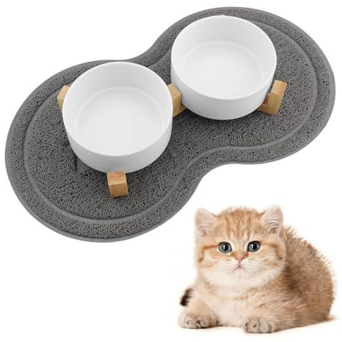 Zosenyer Gamelle Chat Surélevée avec Support, 400ML Gamelle Eau Chat, Tapis Chien Design à Double Bols, Idéal pour Les Chiots et Les Chats